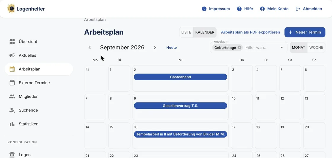 Kalenderansicht von Logenhelfer am Desktop