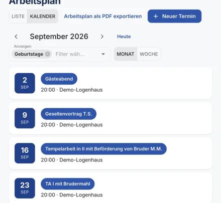 Kalenderansicht von Logenhelfer am Smartphone